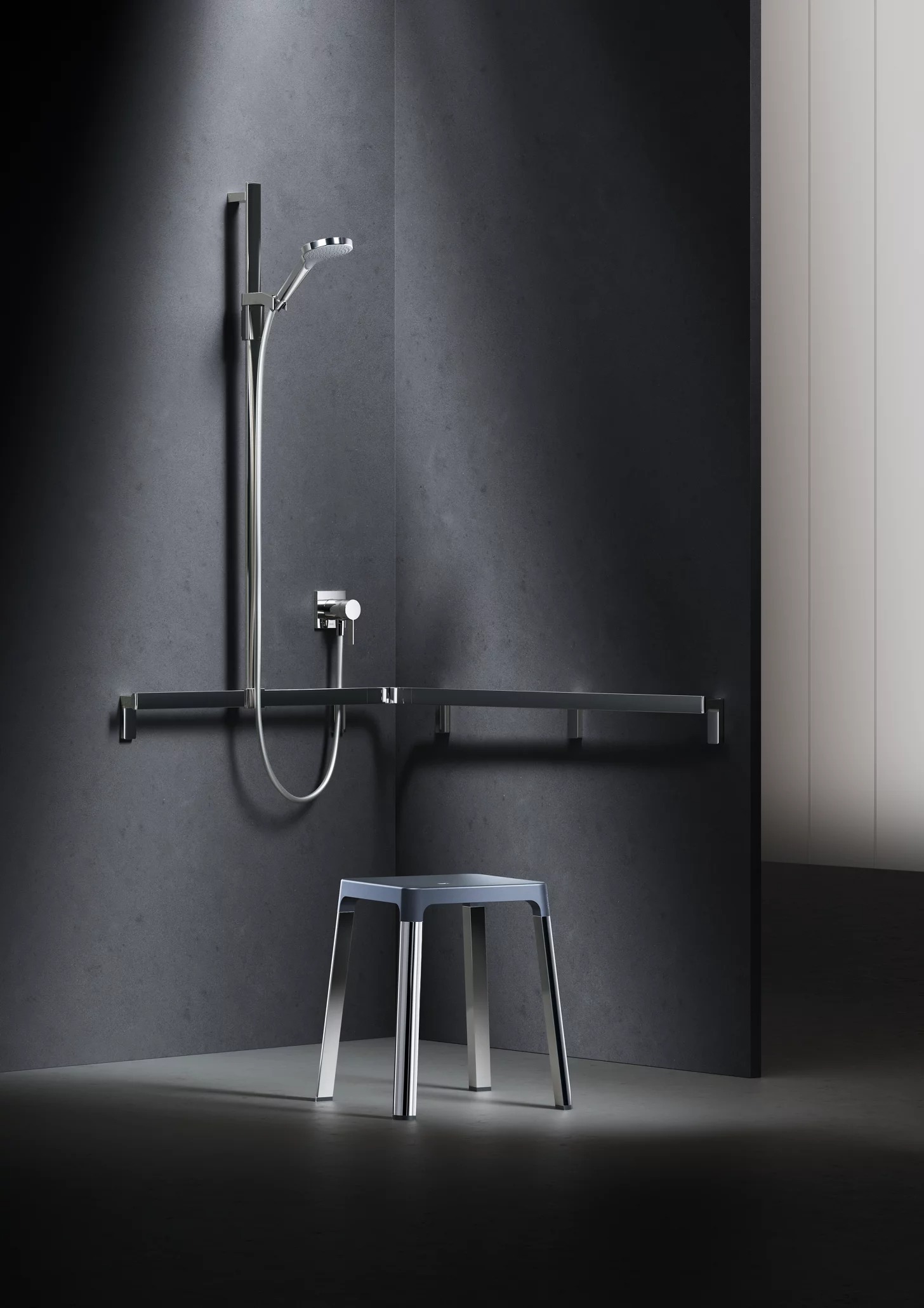 Accessible shower with a fold-down seat and grab rail