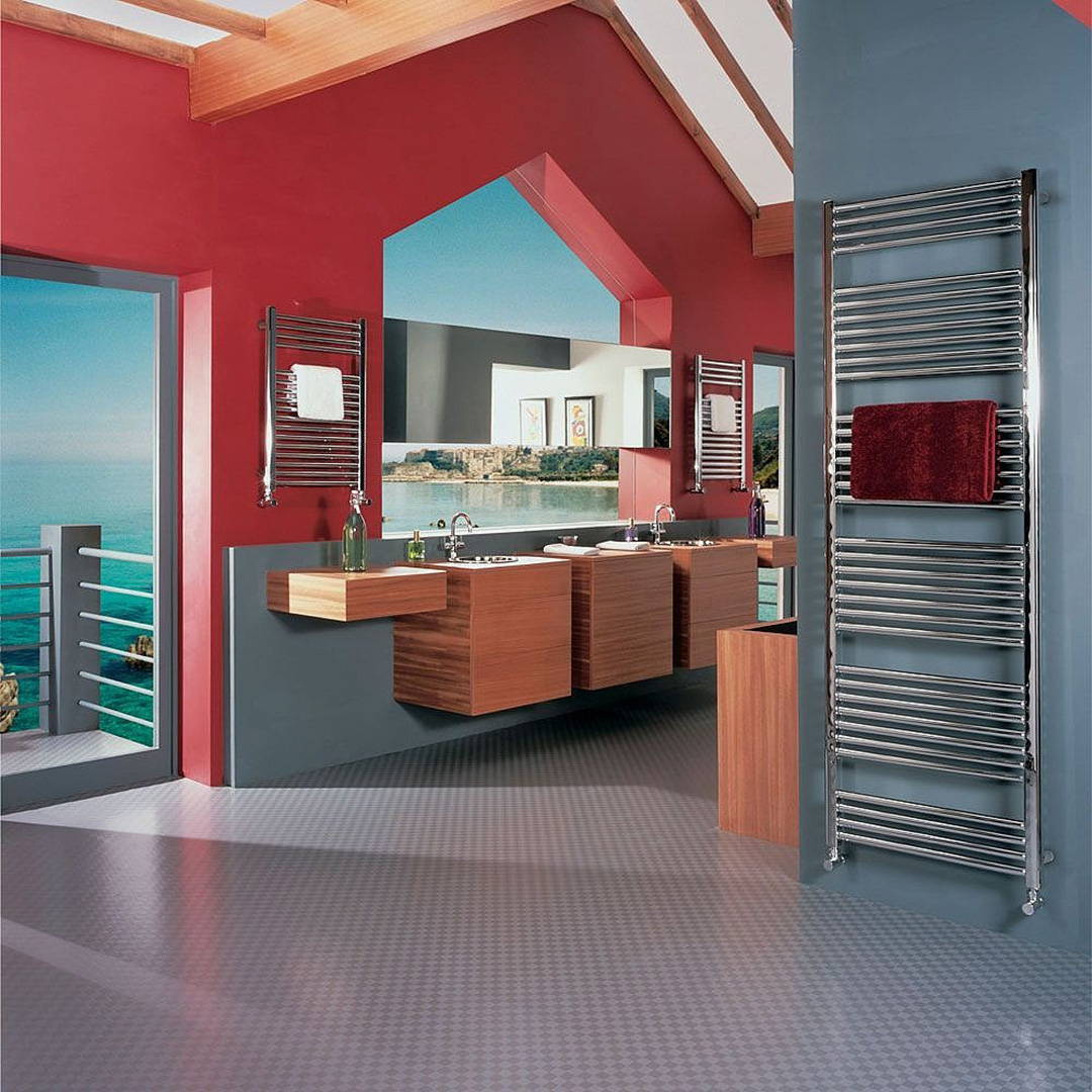 Zehnder designer radiator in a bold red bathroom